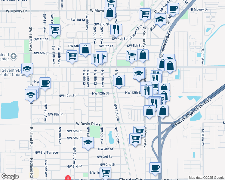 map of restaurants, bars, coffee shops, grocery stores, and more near 425 Northwest 13th Street in Florida City
