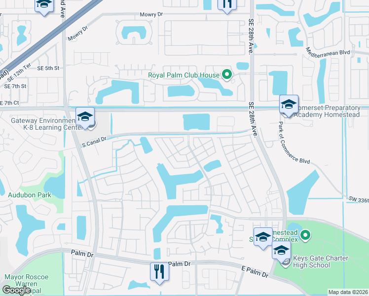 map of restaurants, bars, coffee shops, grocery stores, and more near 2473 Southeast 11th Street in Homestead