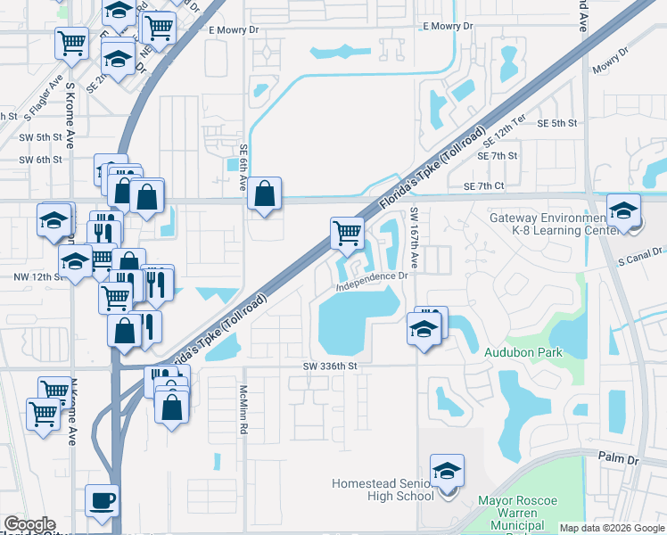 map of restaurants, bars, coffee shops, grocery stores, and more near 1149 Independence Trail in Homestead