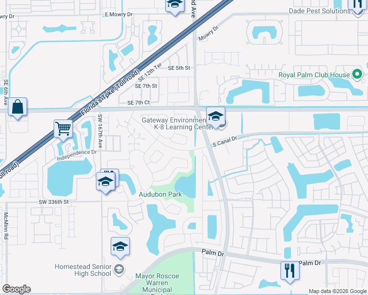 map of restaurants, bars, coffee shops, grocery stores, and more near 1700 South Curlew Lane in Homestead