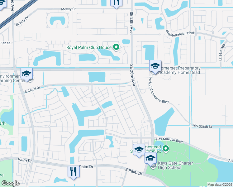 map of restaurants, bars, coffee shops, grocery stores, and more near 1273 Southeast 26th Avenue in Homestead