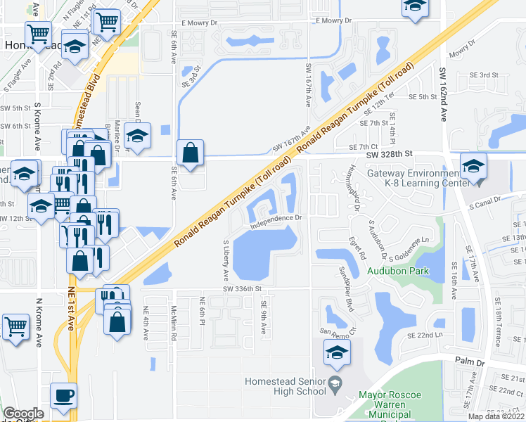 map of restaurants, bars, coffee shops, grocery stores, and more near 1190 Washington Circle in Homestead