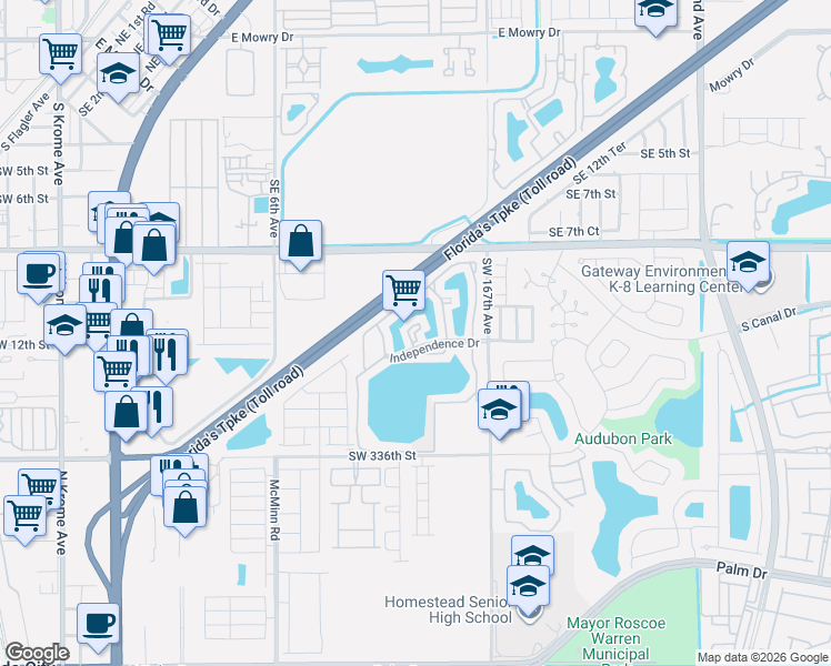 map of restaurants, bars, coffee shops, grocery stores, and more near 1190 Washington Circle in Homestead