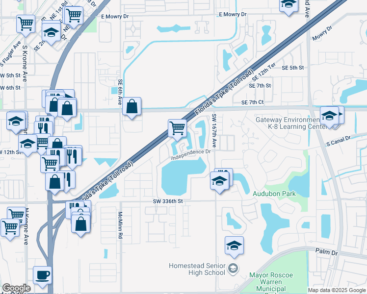 map of restaurants, bars, coffee shops, grocery stores, and more near 1190 Washington Circle in Homestead
