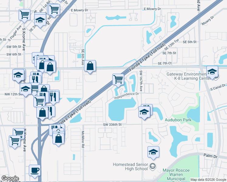 map of restaurants, bars, coffee shops, grocery stores, and more near 1149 Independence Trail in Homestead