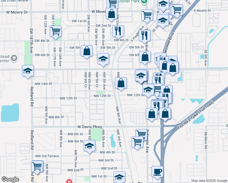 map of restaurants, bars, coffee shops, grocery stores, and more near 425 Northwest 13th Street in Florida City