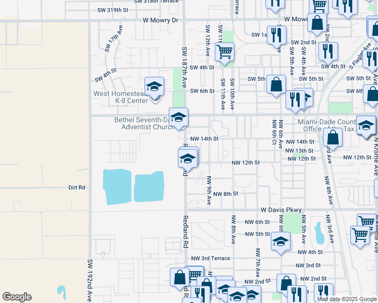 map of restaurants, bars, coffee shops, grocery stores, and more near 1243 Redland Road in Florida City