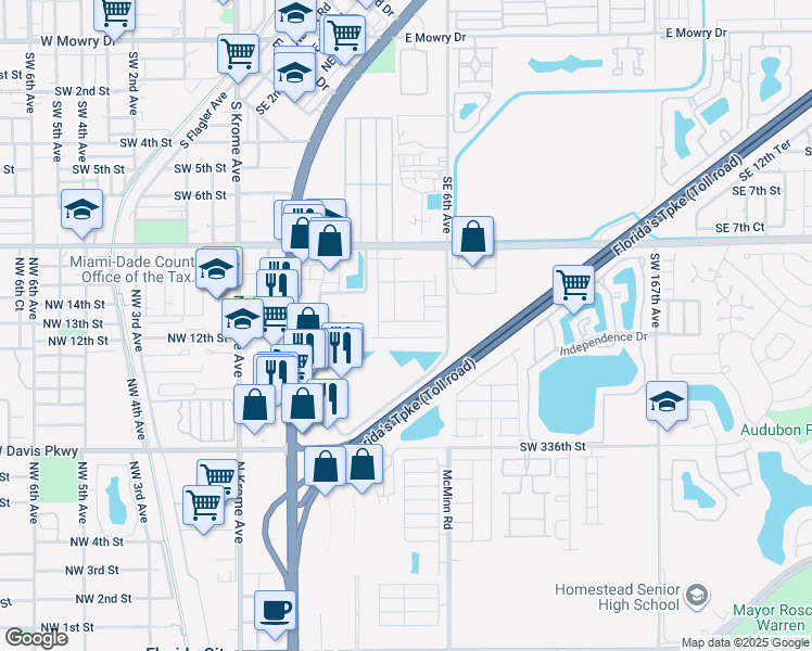 map of restaurants, bars, coffee shops, grocery stores, and more near 12 Southeast 6th Avenue in Homestead