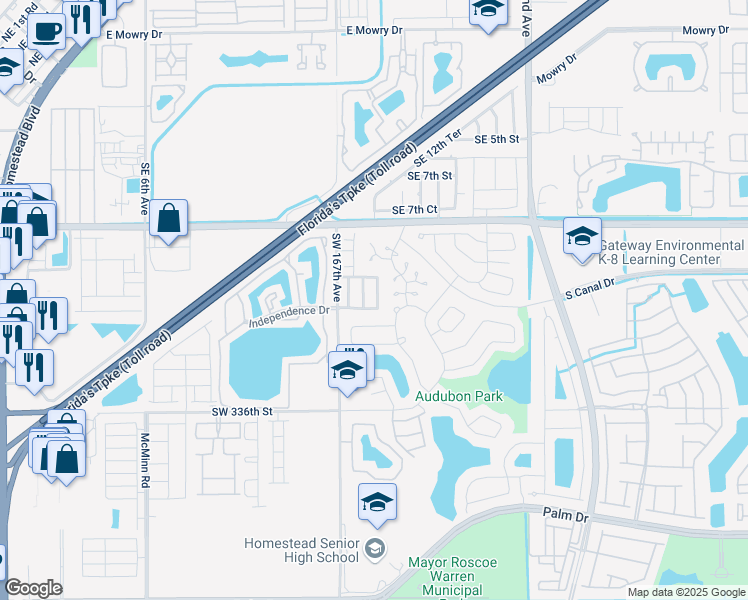 map of restaurants, bars, coffee shops, grocery stores, and more near 1194 Nighthawk Court in Homestead