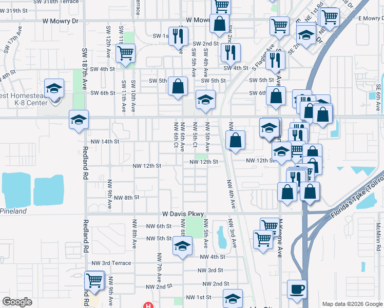 map of restaurants, bars, coffee shops, grocery stores, and more near 546 Northwest 13th Terrace in Florida City