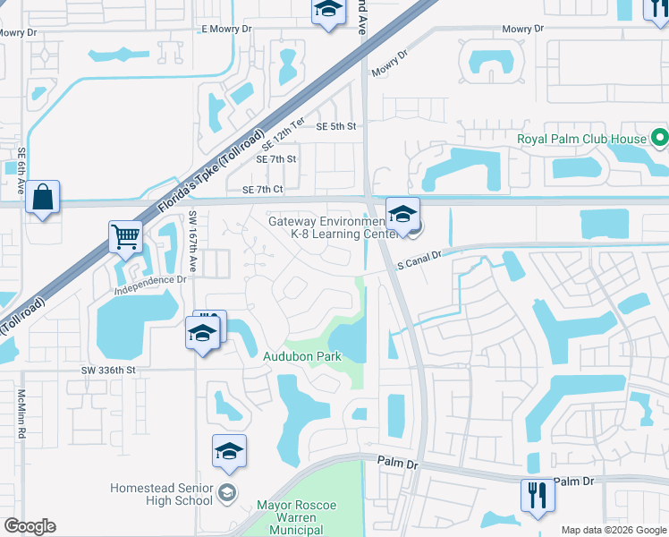 map of restaurants, bars, coffee shops, grocery stores, and more near 1700 South Curlew Lane in Homestead