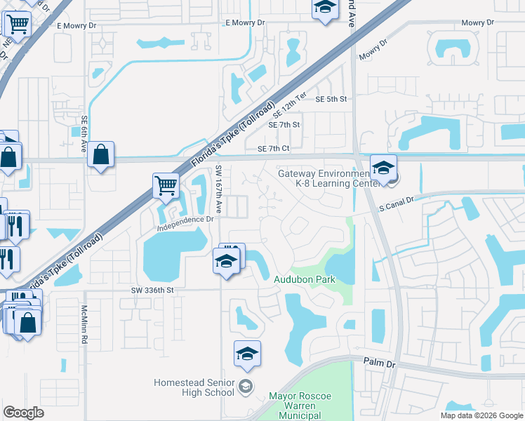 map of restaurants, bars, coffee shops, grocery stores, and more near 1194 Nighthawk Court in Homestead