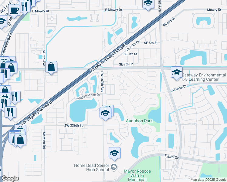 map of restaurants, bars, coffee shops, grocery stores, and more near 1194 Nighthawk Court in Homestead