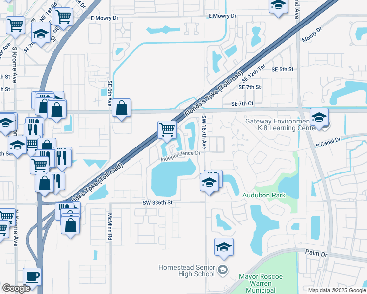 map of restaurants, bars, coffee shops, grocery stores, and more near 1190 Washington Circle in Homestead