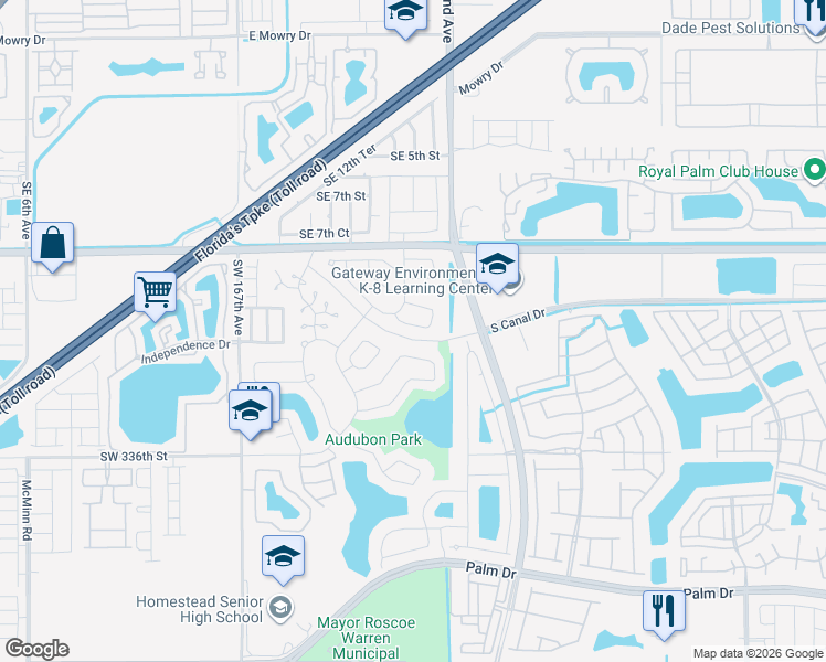 map of restaurants, bars, coffee shops, grocery stores, and more near 1700 South Curlew Lane in Homestead
