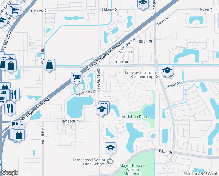 map of restaurants, bars, coffee shops, grocery stores, and more near 1194 Nighthawk Court in Homestead