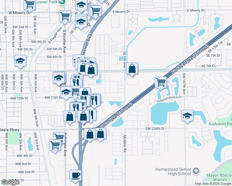 map of restaurants, bars, coffee shops, grocery stores, and more near 12 Southeast 6th Avenue in Homestead
