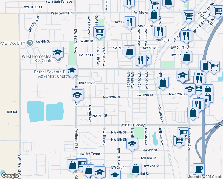 map of restaurants, bars, coffee shops, grocery stores, and more near 1235 Northwest 7th Court in Homestead