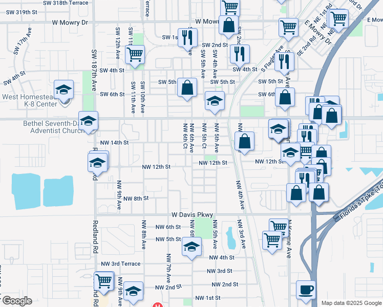 map of restaurants, bars, coffee shops, grocery stores, and more near 1234 Northwest 6th Avenue in Florida City