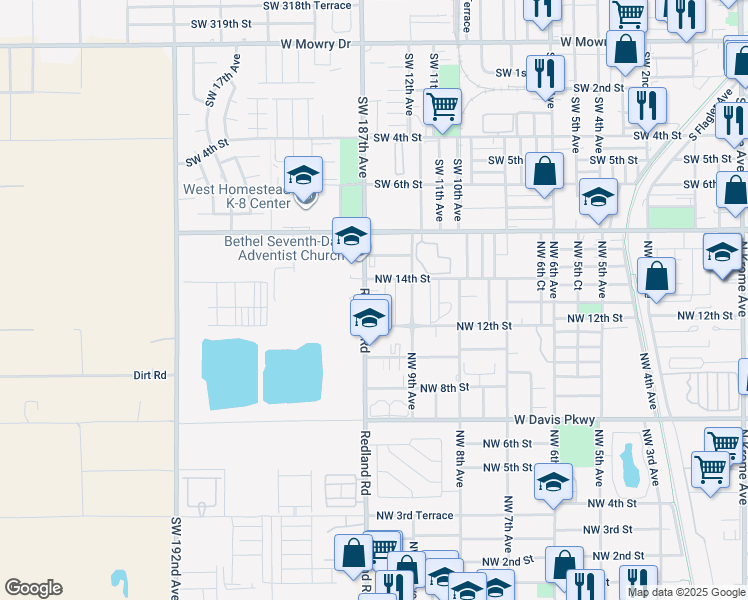map of restaurants, bars, coffee shops, grocery stores, and more near 1243 Redland Road in Florida City
