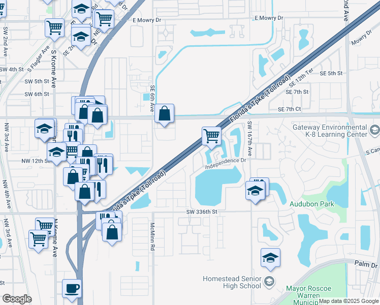 map of restaurants, bars, coffee shops, grocery stores, and more near Ronald Reagan Turnpike in Homestead