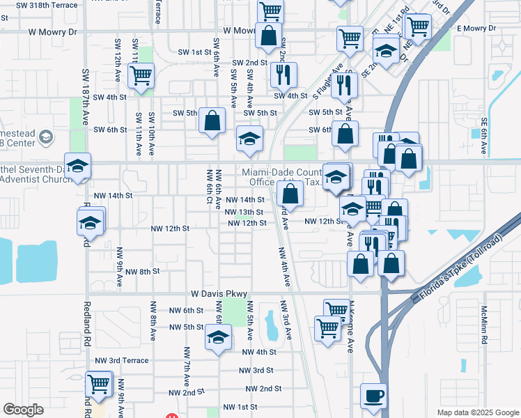 map of restaurants, bars, coffee shops, grocery stores, and more near 425 Northwest 13th Street in Florida City