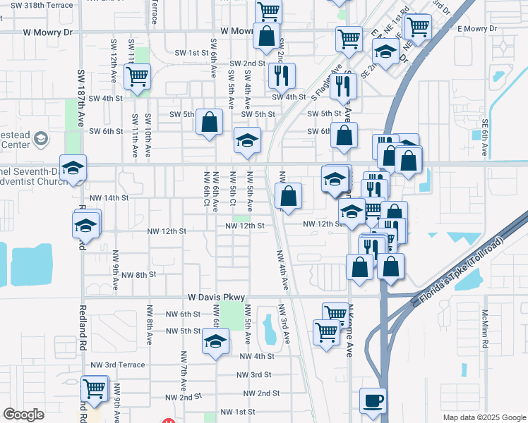 map of restaurants, bars, coffee shops, grocery stores, and more near 425 Northwest 13th Street in Florida City