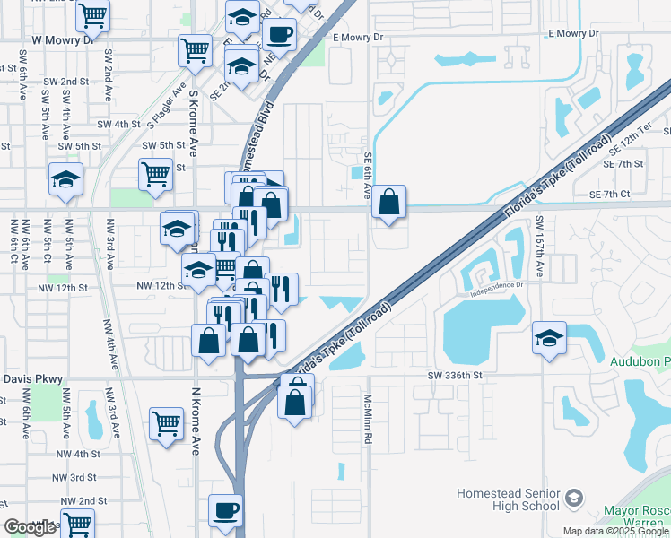 map of restaurants, bars, coffee shops, grocery stores, and more near 12 Southeast 6th Avenue in Homestead