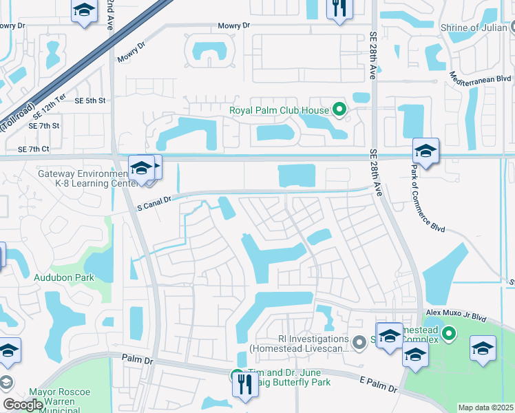 map of restaurants, bars, coffee shops, grocery stores, and more near 2344 Southeast 11th Street in Homestead