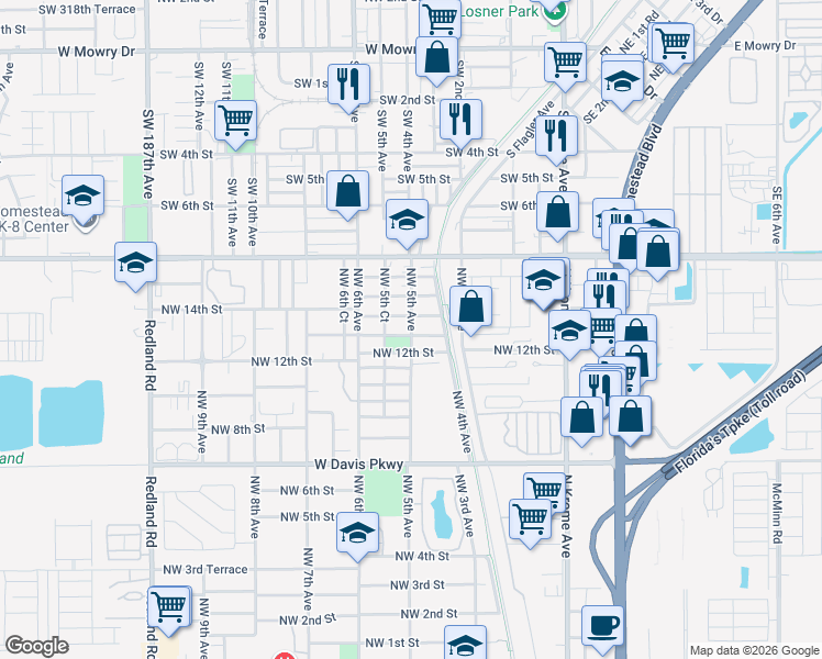 map of restaurants, bars, coffee shops, grocery stores, and more near 546 Northwest 13th Terrace in Florida City