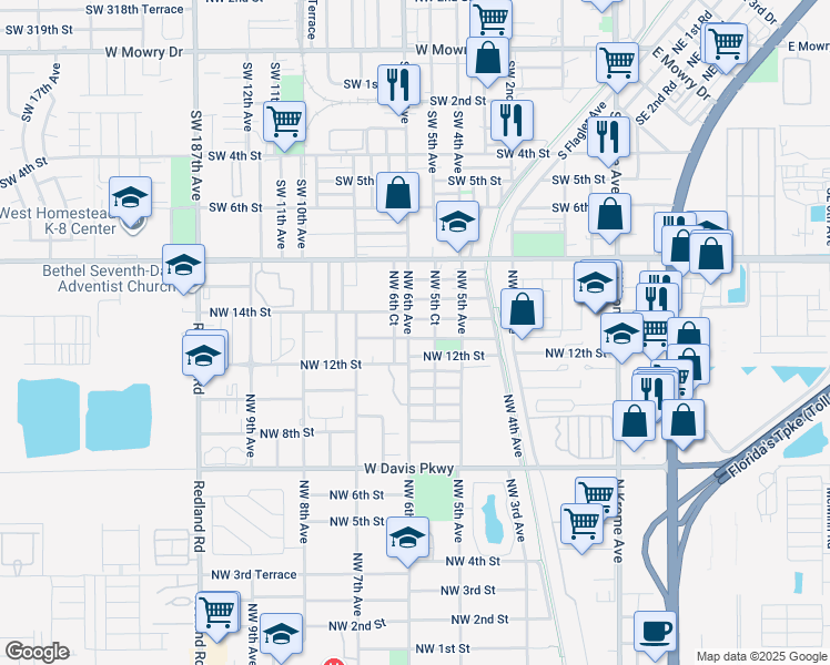 map of restaurants, bars, coffee shops, grocery stores, and more near 1234 Northwest 6th Avenue in Florida City