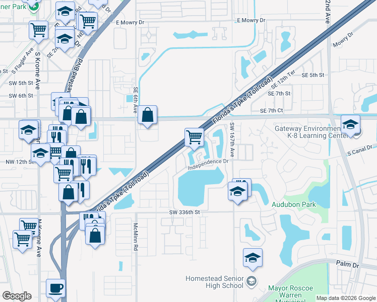 map of restaurants, bars, coffee shops, grocery stores, and more near 1149 Independence Trail in Homestead