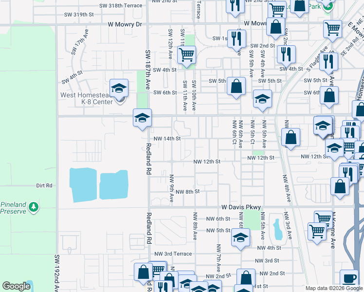 map of restaurants, bars, coffee shops, grocery stores, and more near 1232 Northwest 8th Avenue in Florida City