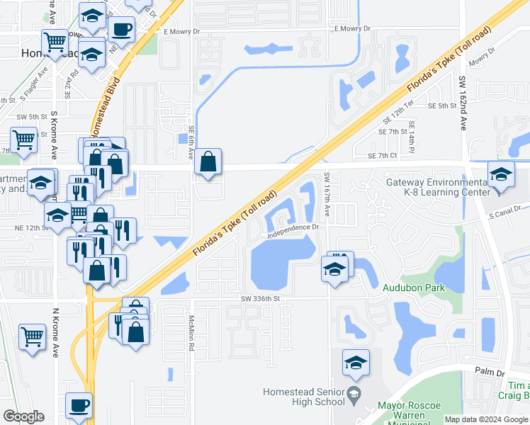 map of restaurants, bars, coffee shops, grocery stores, and more near 900 Constitution Drive in Homestead