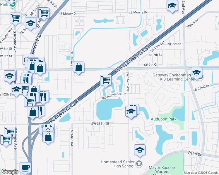 map of restaurants, bars, coffee shops, grocery stores, and more near 1190 Washington Circle in Homestead