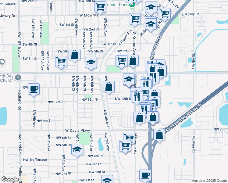 map of restaurants, bars, coffee shops, grocery stores, and more near 54 Northwest 12th Street in Florida City