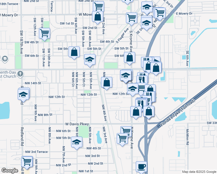map of restaurants, bars, coffee shops, grocery stores, and more near 250 Northeast 12th Street in Florida City