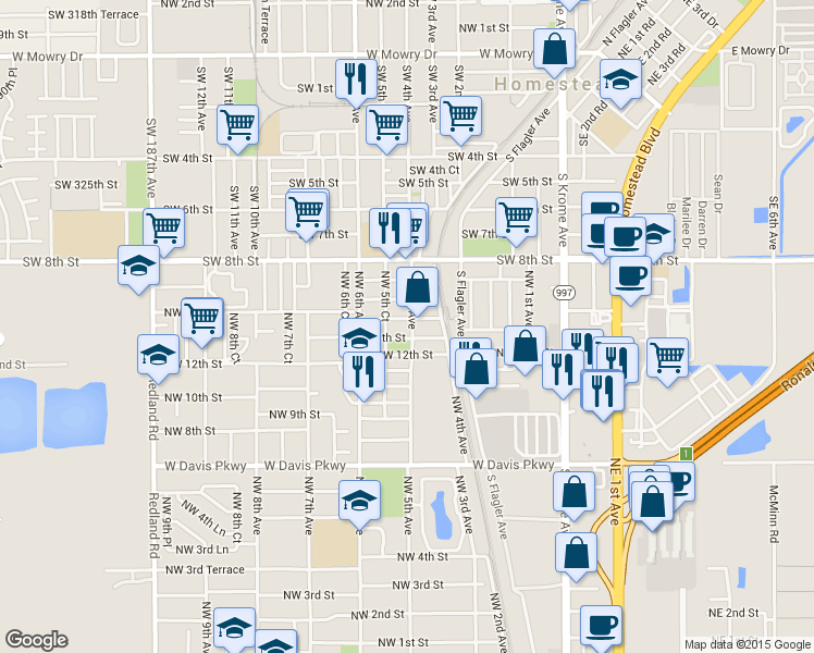 map of restaurants, bars, coffee shops, grocery stores, and more near 546 Northwest 13th Terrace in Florida City