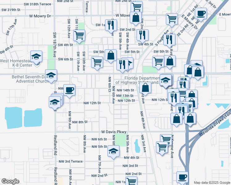 map of restaurants, bars, coffee shops, grocery stores, and more near 1234 Northwest 6th Avenue in Florida City