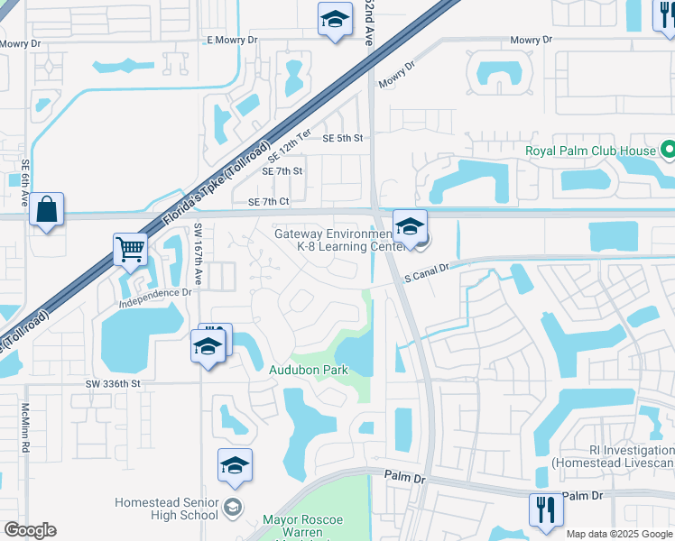 map of restaurants, bars, coffee shops, grocery stores, and more near 1727 South Curlew Lane in Homestead