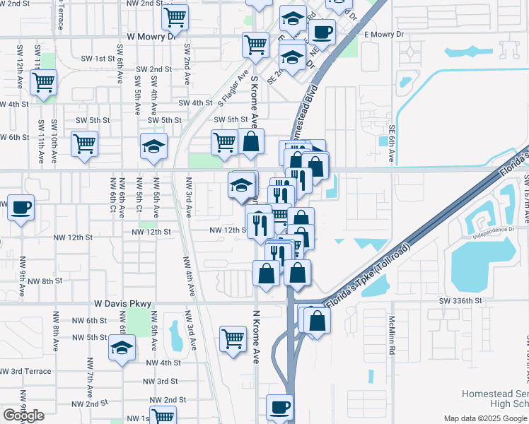 map of restaurants, bars, coffee shops, grocery stores, and more near 1201 South Krome Avenue in Florida City