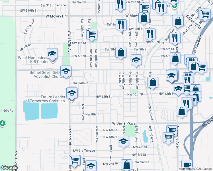 map of restaurants, bars, coffee shops, grocery stores, and more near 1422 Northwest 7th Place in Homestead