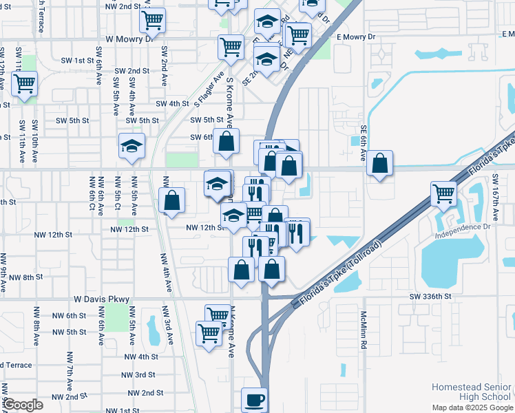 map of restaurants, bars, coffee shops, grocery stores, and more near 32959 South Dixie Highway in Homestead