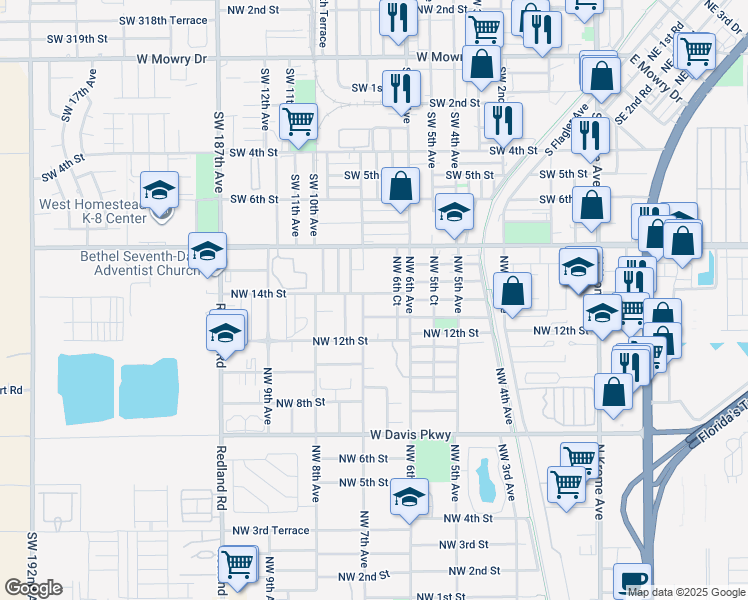 map of restaurants, bars, coffee shops, grocery stores, and more near 672 Northwest 14th Street in Florida City