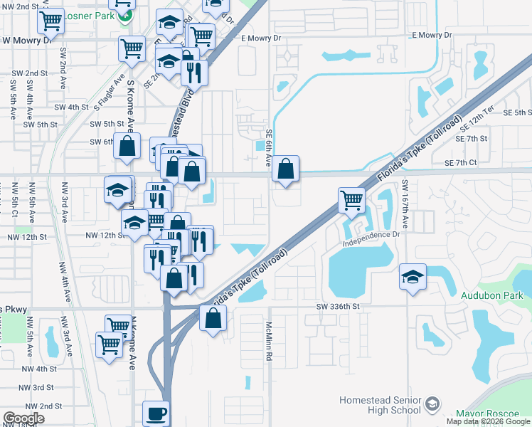 map of restaurants, bars, coffee shops, grocery stores, and more near 12 Southeast 6th Avenue in Homestead