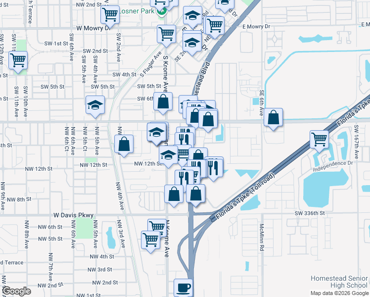 map of restaurants, bars, coffee shops, grocery stores, and more near 32959 South Dixie Highway in Homestead