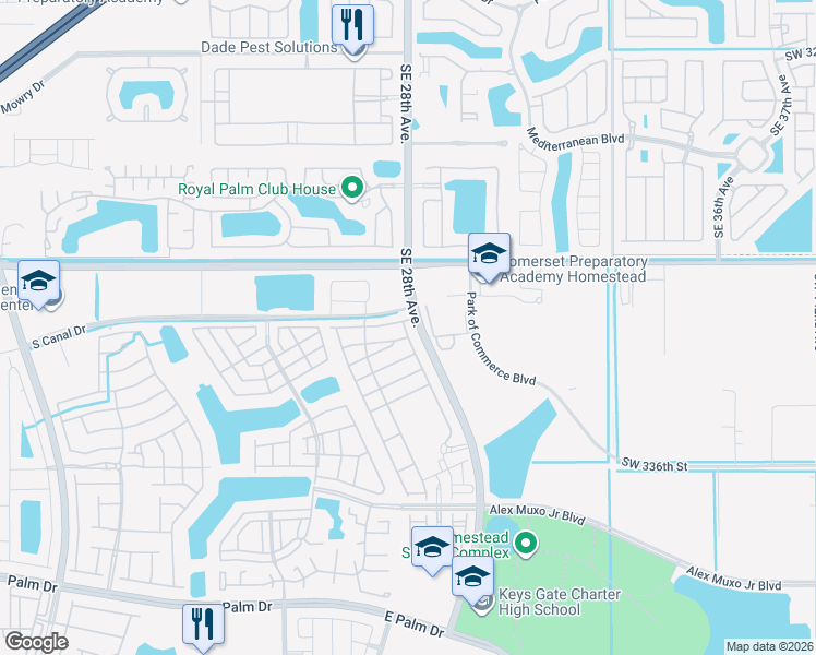 map of restaurants, bars, coffee shops, grocery stores, and more near 888 Kingman Road in Homestead