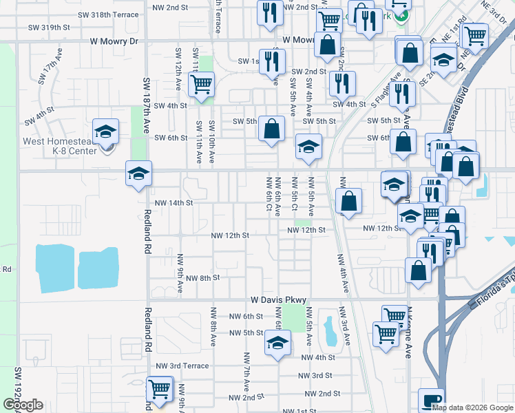 map of restaurants, bars, coffee shops, grocery stores, and more near 672 Northwest 14th Street in Florida City