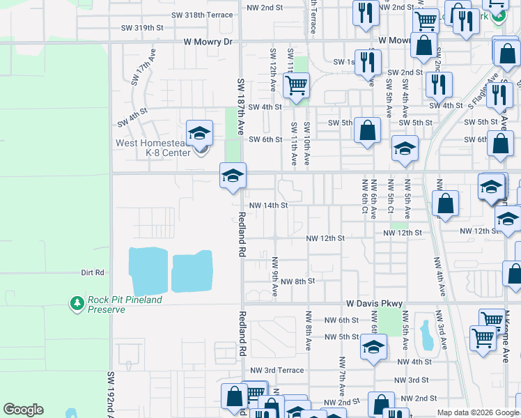 map of restaurants, bars, coffee shops, grocery stores, and more near 974 Northwest 14th Street in Homestead