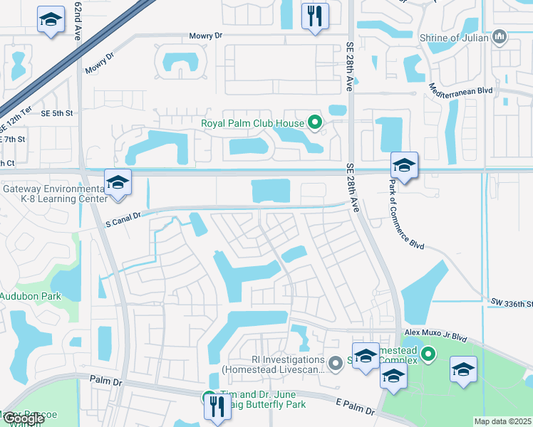 map of restaurants, bars, coffee shops, grocery stores, and more near 2505 Southeast 10th Street in Homestead